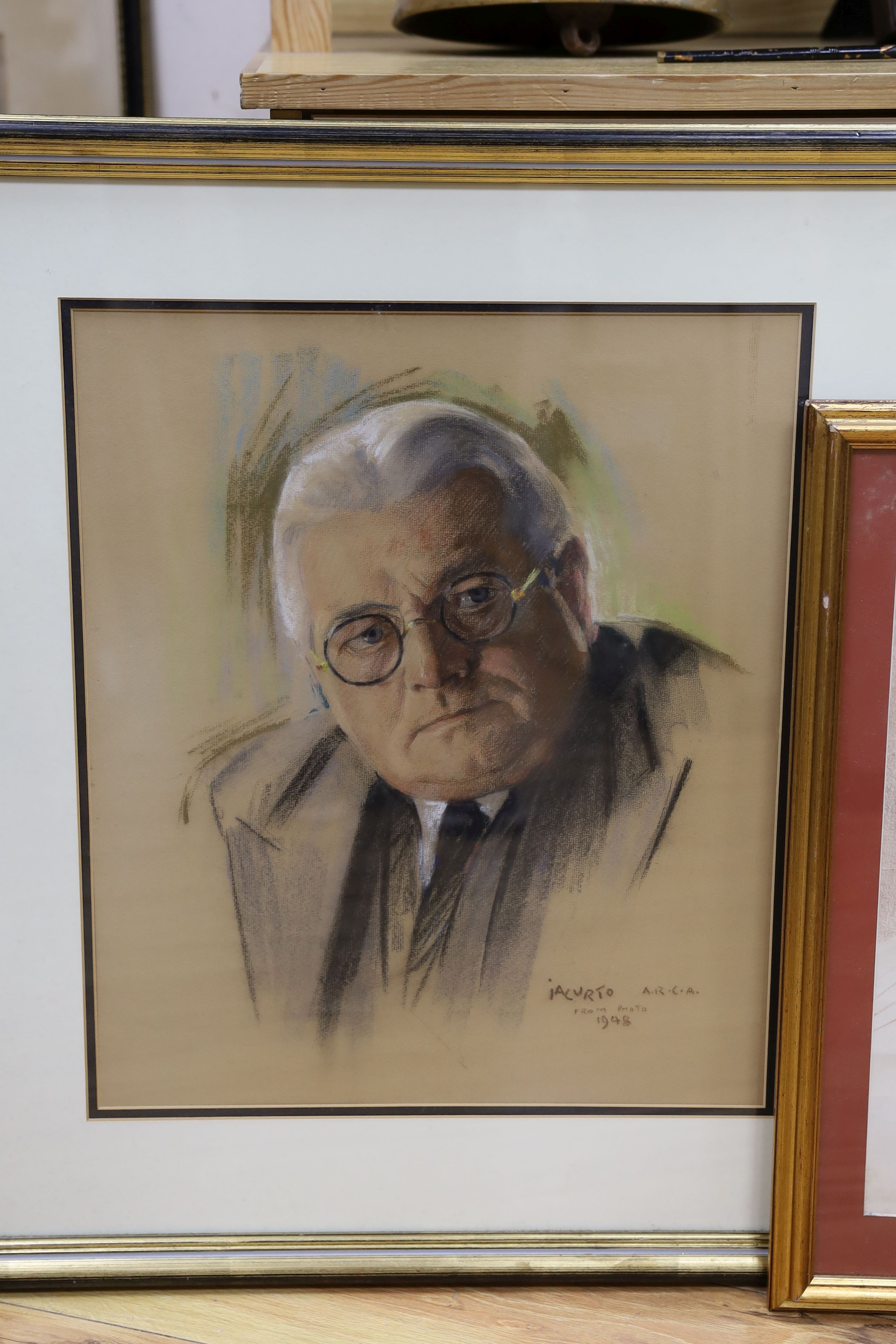 M. Guy, brown conte drawing, Portrait of Robert Maxwell, signed by the sitter, 45 x 34cm, together with a pastel portrait, signed Iacurto, and a colour print